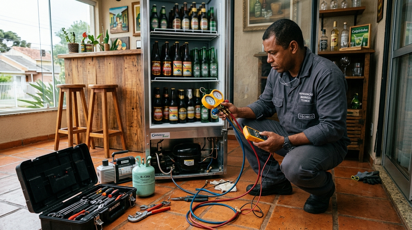 Profissional trocando compressor de equipamento comercial em Passo Fundo‑RS