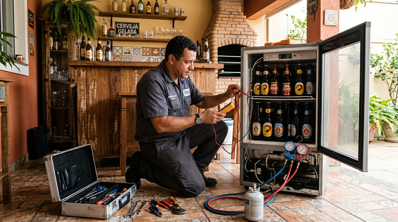 Recarga de gás em expositor de bebidas durante atendimento em Passo Fundo‑RS